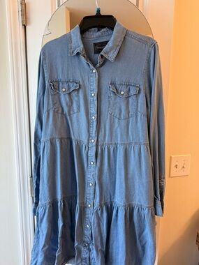 Wrangler Light Blue Denim Tiered Button-Front Long Sleeve Dress
